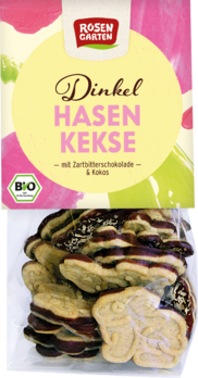 Rosengarten Dinkel Osterhasen-Kekse Zartbitter-Kokos 150g/S MHD 07.08.2025