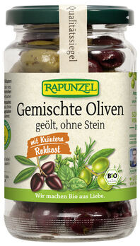 Rapunzel Oliven gemischt mit Kräutern, ohne Stein geölt 170g MHD 30.08.2025